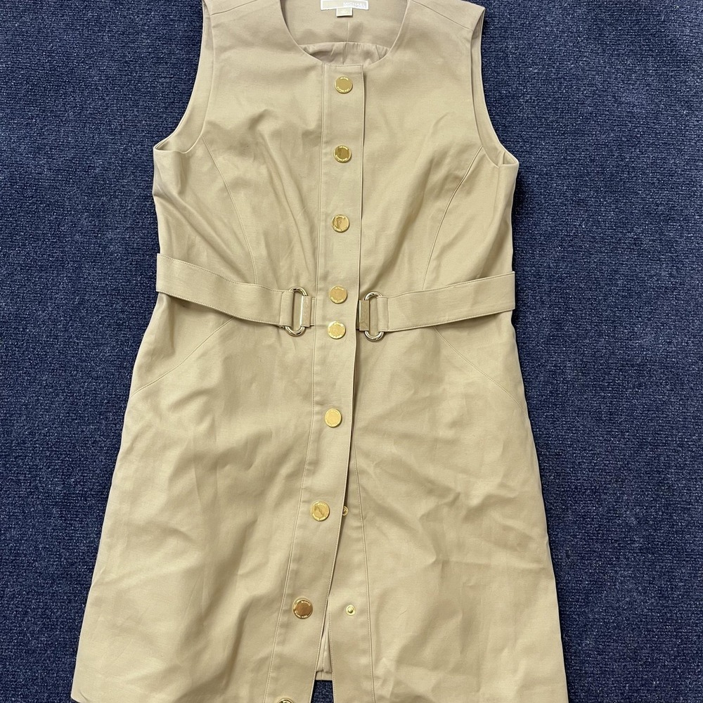 Michael Kors Dress Womens 14 Beige Sleeveless Belted Button Front Gold‎ Detail